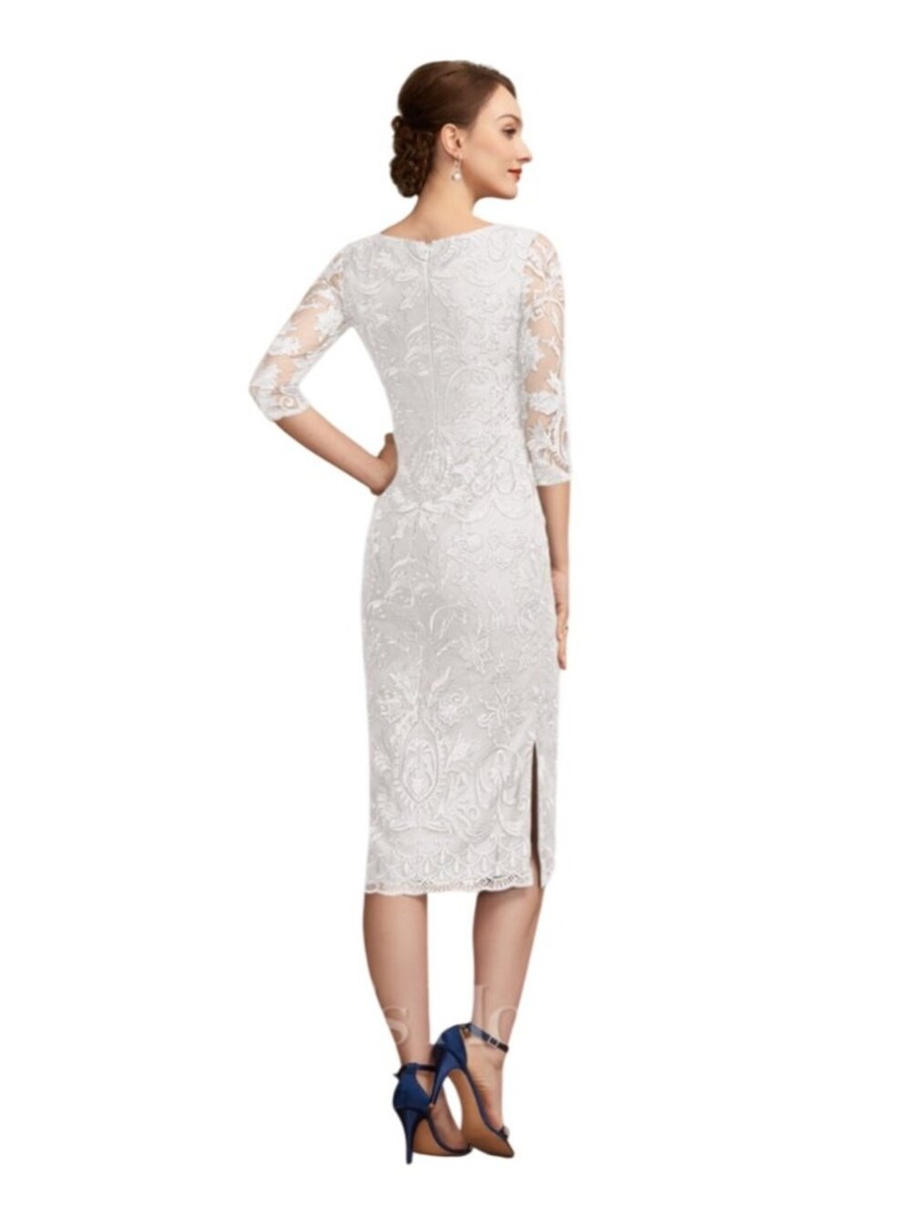 JJ's House NWT Elegant White Lace Pencil Midi Dress With 3/4 Sleeves & Back Slit